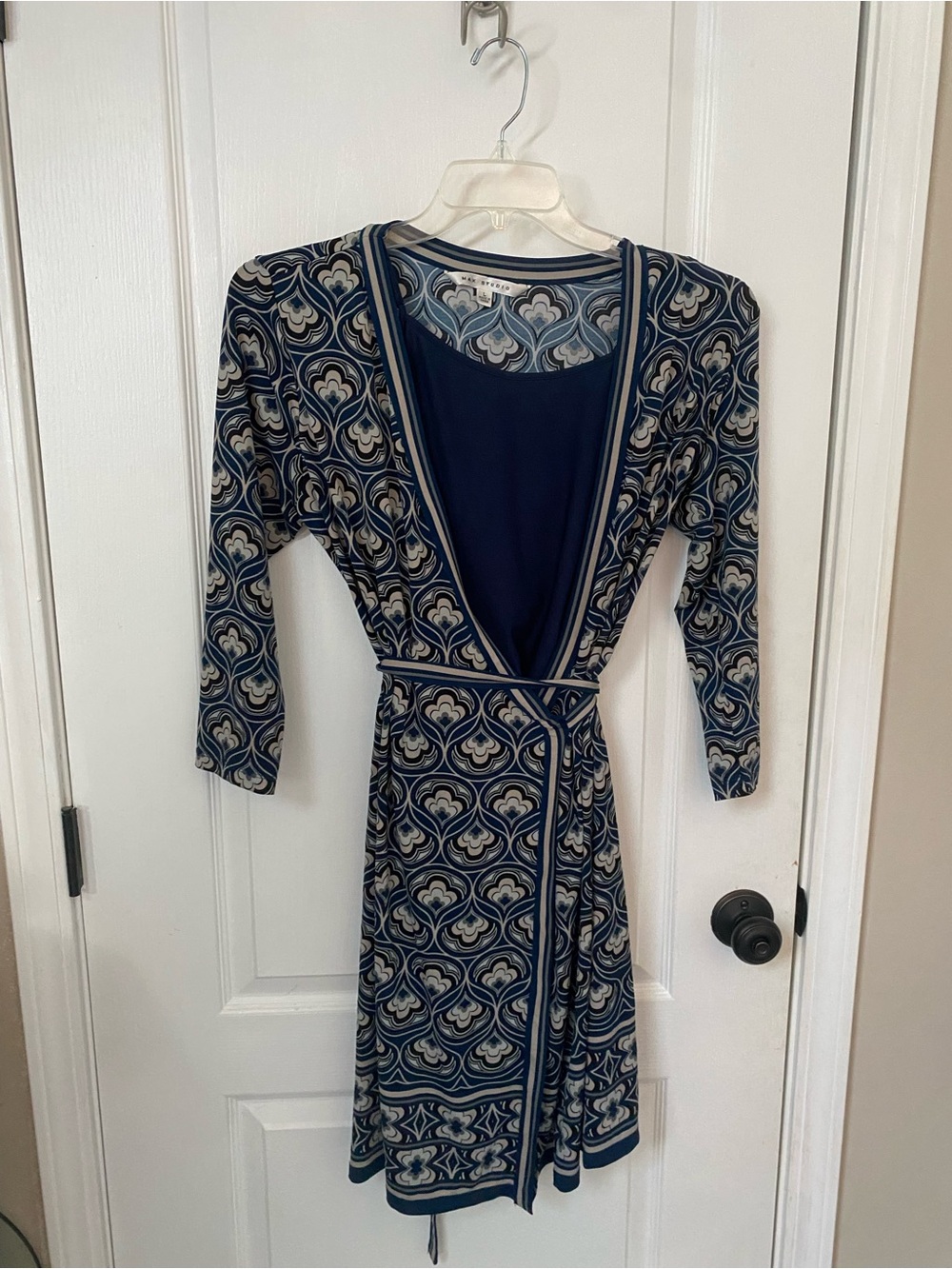 Max Studio Navy and Cream Print Wrap Dress